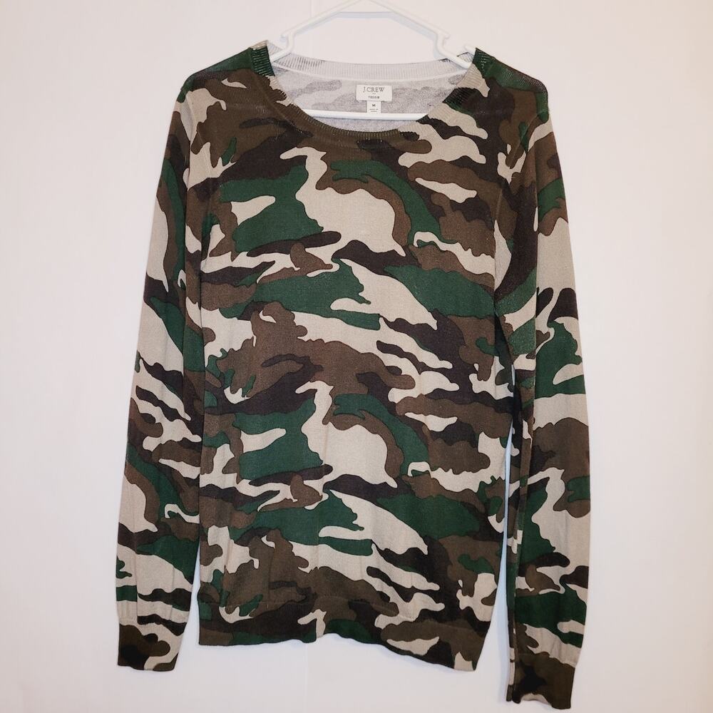 J.Crew Teddie green camo print long sleeved sweater size M Preppy Heritage